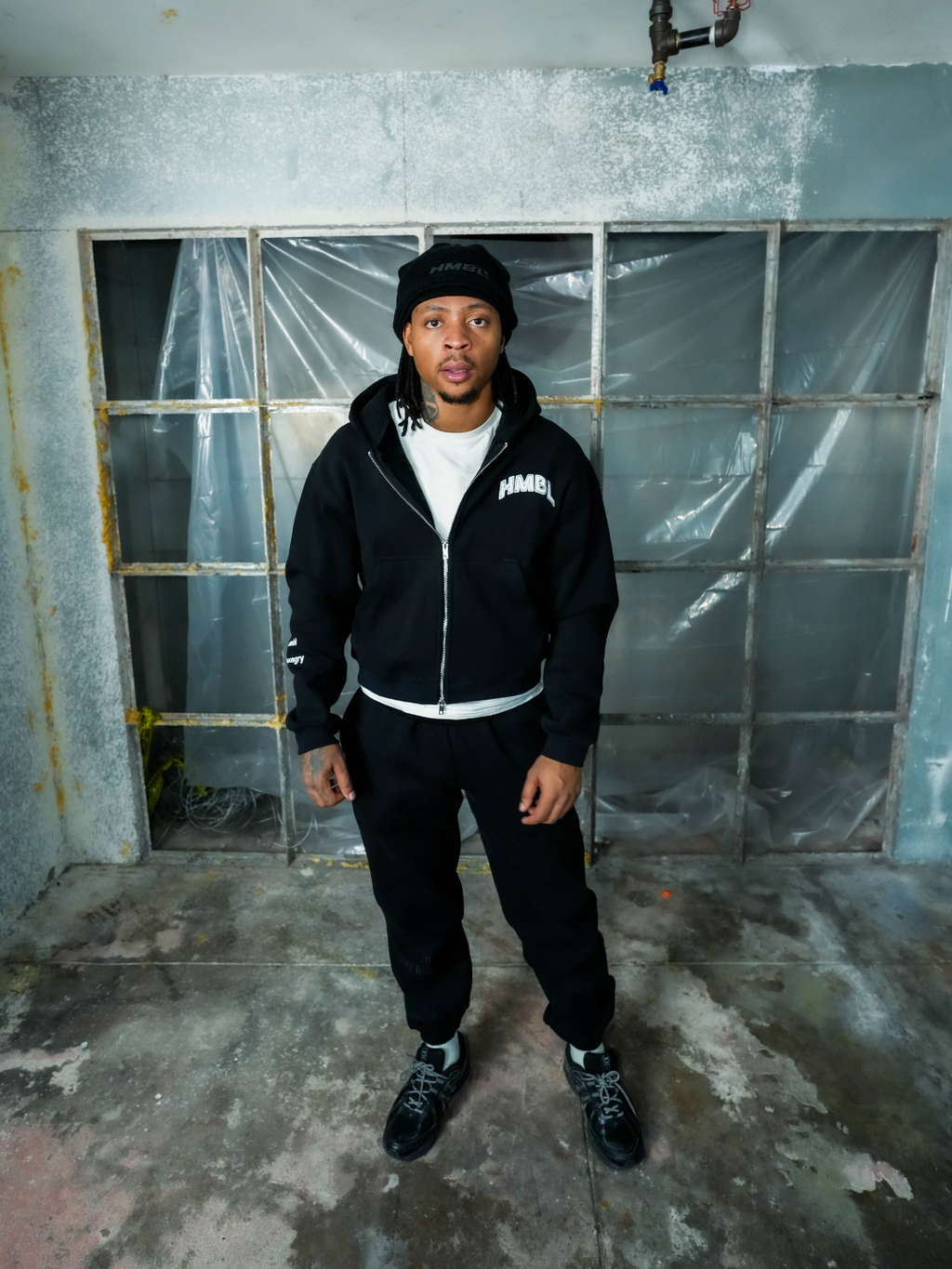 HMBL Black Reflective Cropped Zip Up Cotton Sweatsuit – Premium Oversized Comfort Set