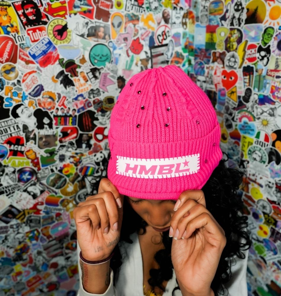 Pink Rhinestone No Ears Beanie