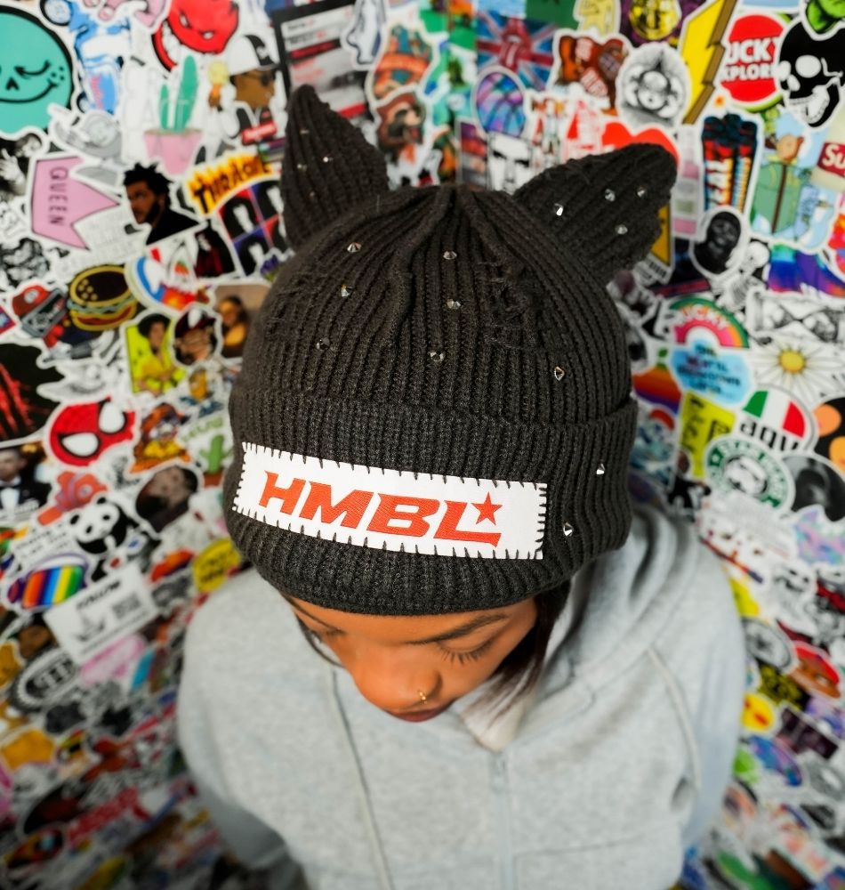 Charcoal Red Rhinestone Ears Beanie