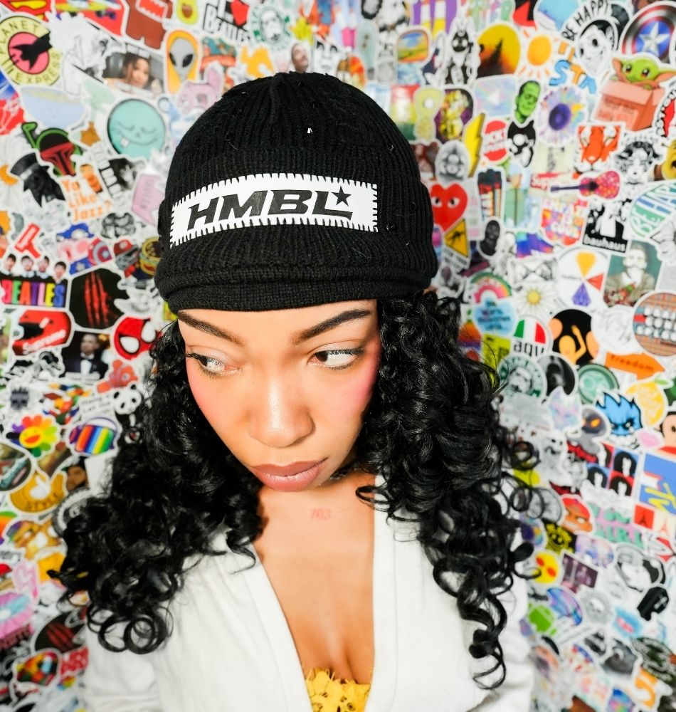 Black Oreo Rhinestone No Ears Beanie