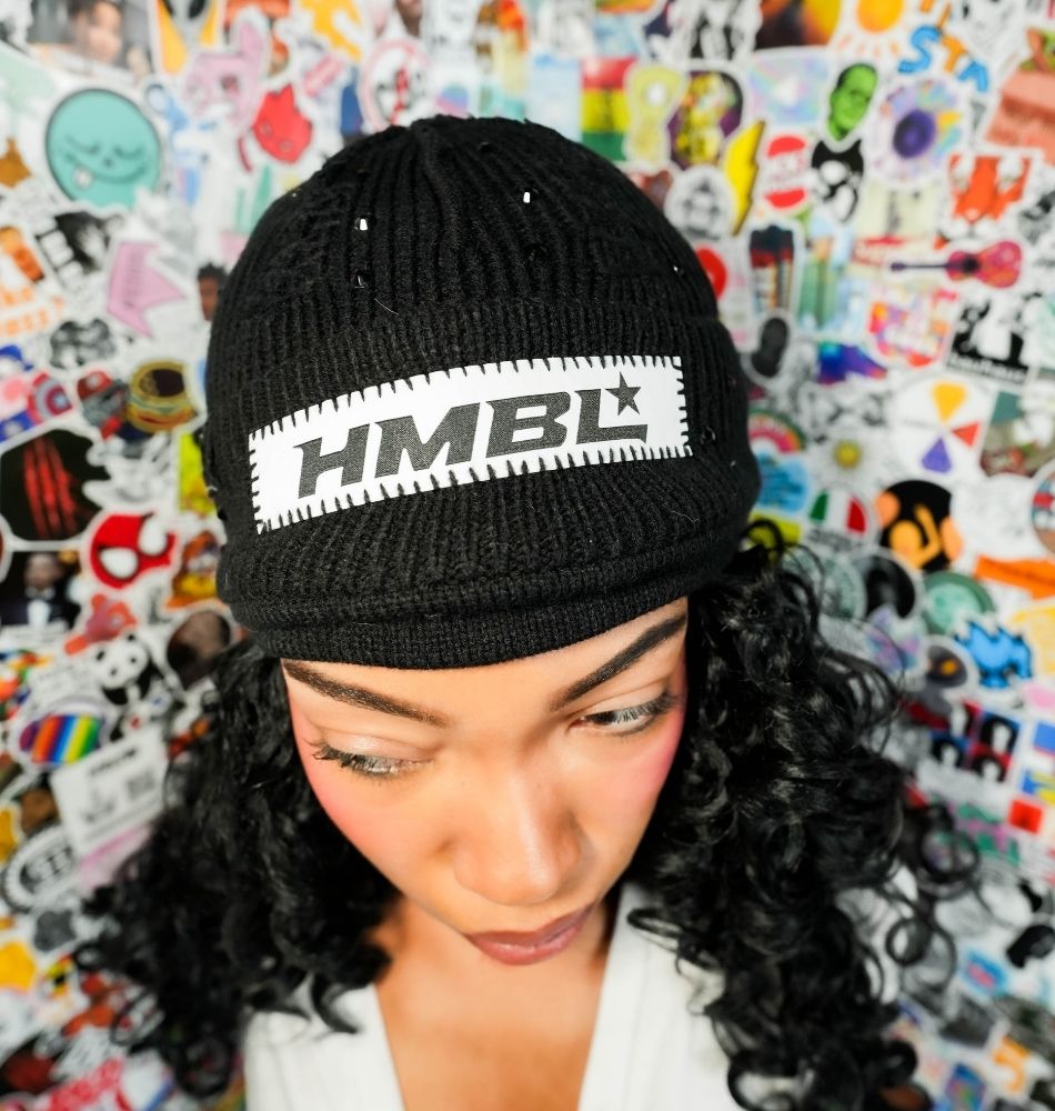 Black Oreo Rhinestone No Ears Beanie