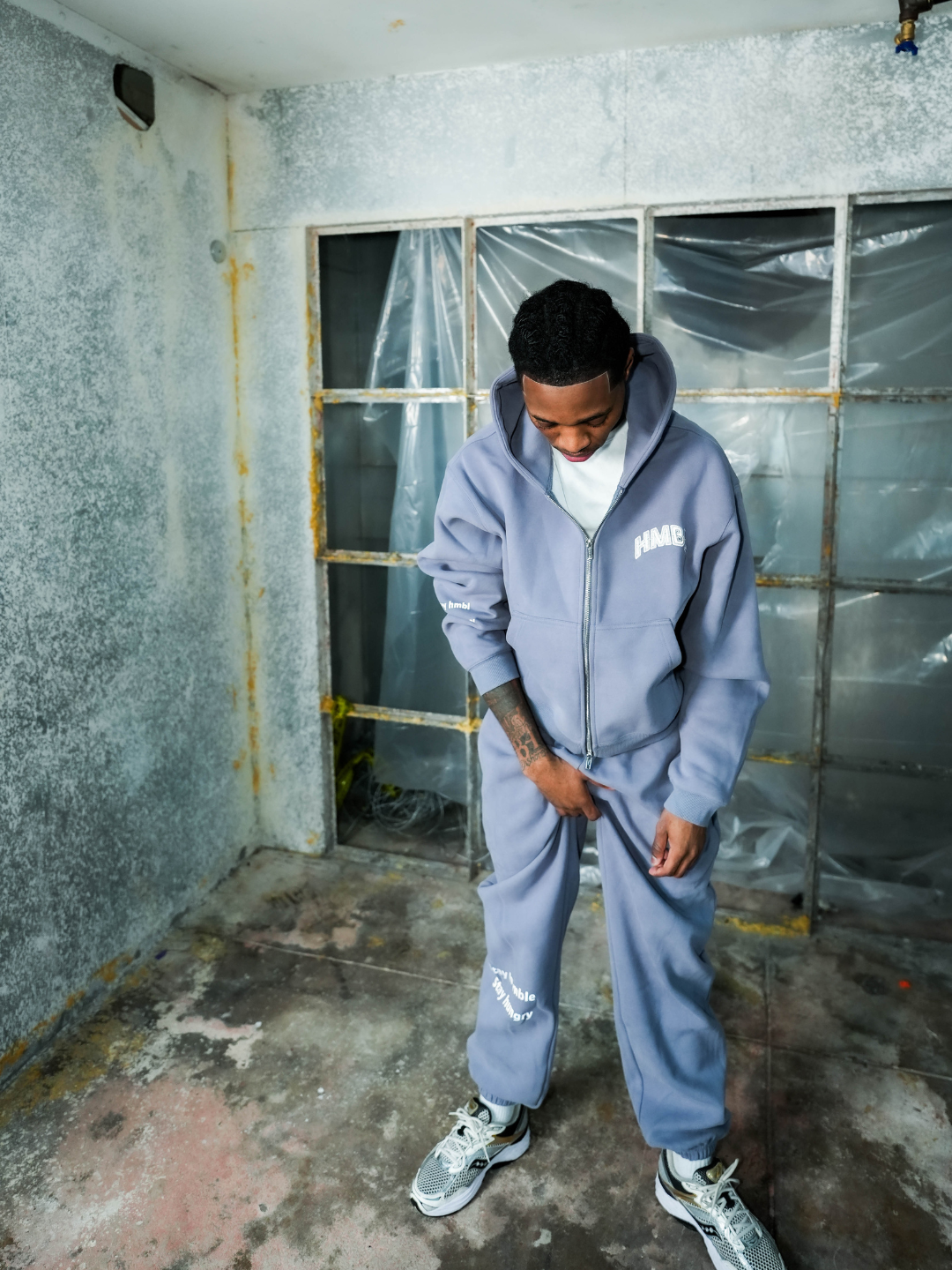 HMBL Grey Reflective Cropped Zip Up Cotton Sweatsuit – Premium Oversized Comfort Set