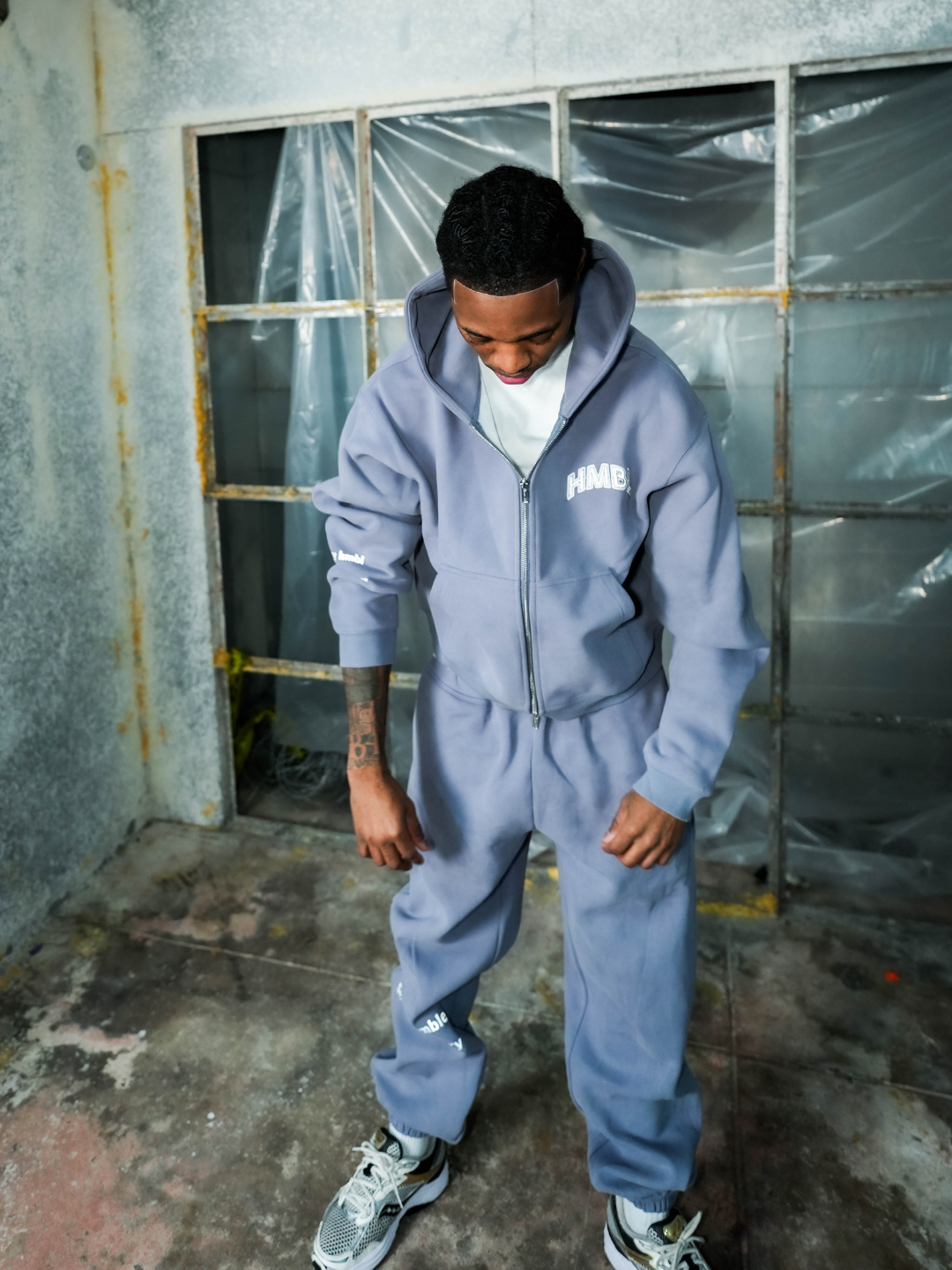 HMBL Grey Reflective Cropped Zip Up Cotton Sweatsuit – Premium Oversized Comfort Set