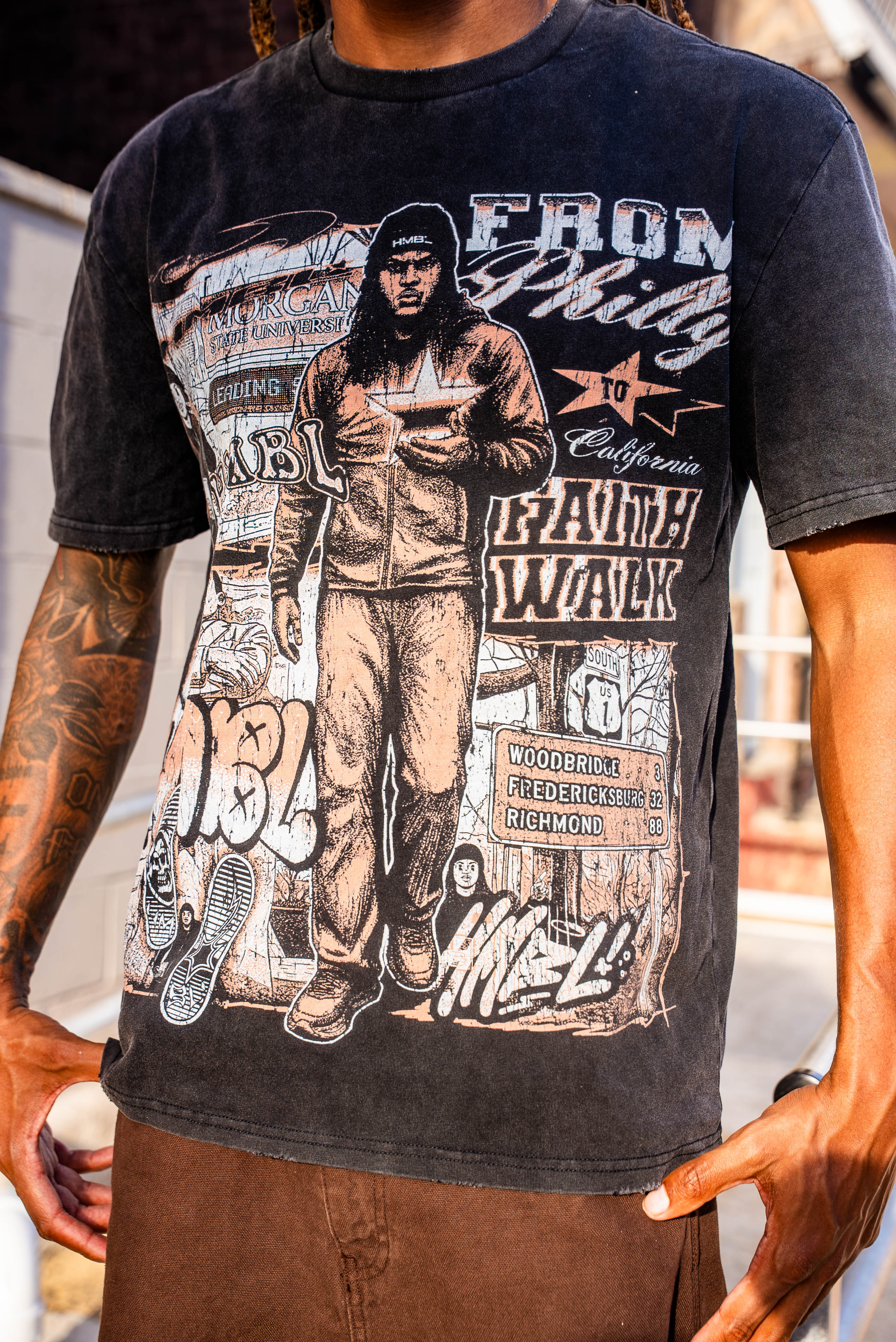HMBL Faith Walk Vintage Graphic Tee | From Philly to California Washed Black T-Shirt