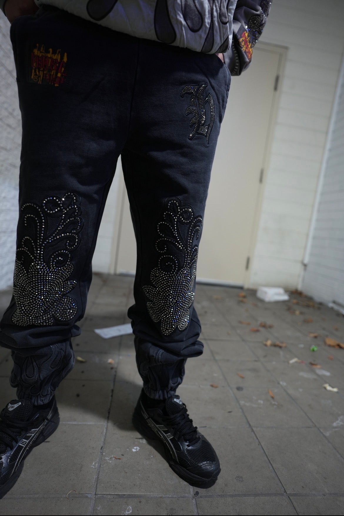 Charcoal Rhinestone CUFFED Sweatpants (True to Size for Baggy Look)